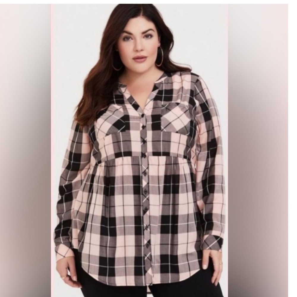 TORRID Emma Babydoll‎ Challis button-front tunic shirt Pink Black Plaid 2X